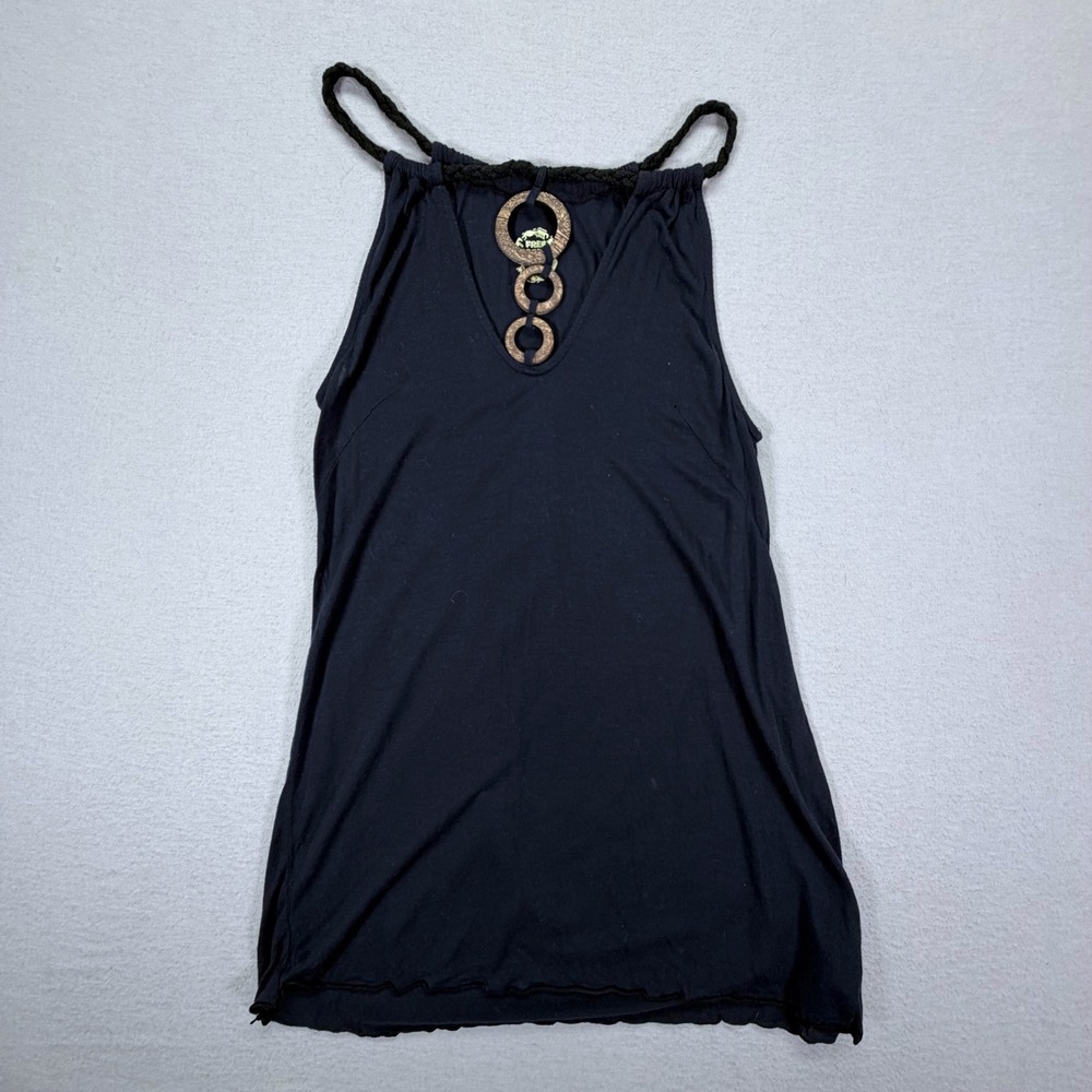 Free People Tank‎ Top Womens Small Black Good Boho Braided Halter Wood Rings